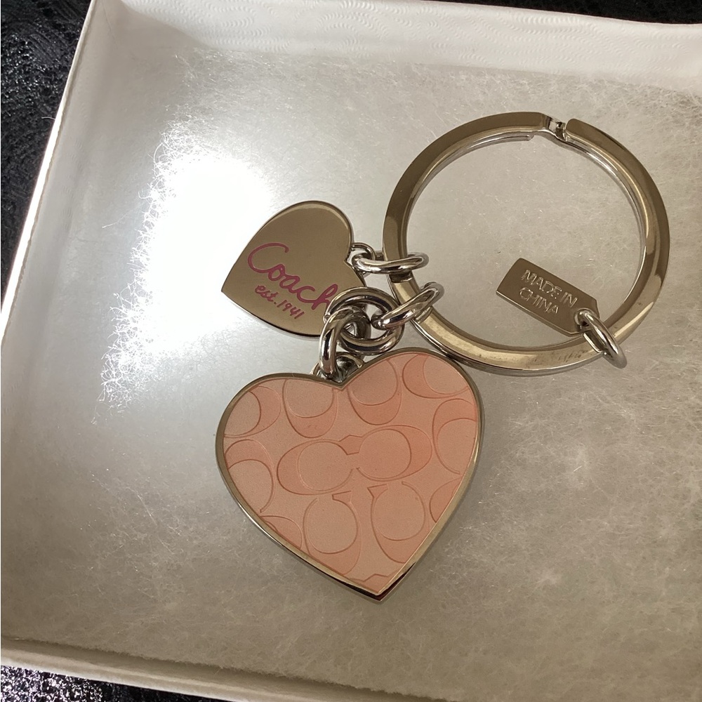 Coach Pink Heart Logo Key Ring with Silver Hardware